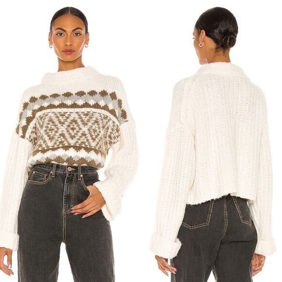 Free People Alpine Snowy Forest Cream Green Wool Blend Pullover Knit Sweater - Picture 1 of 14